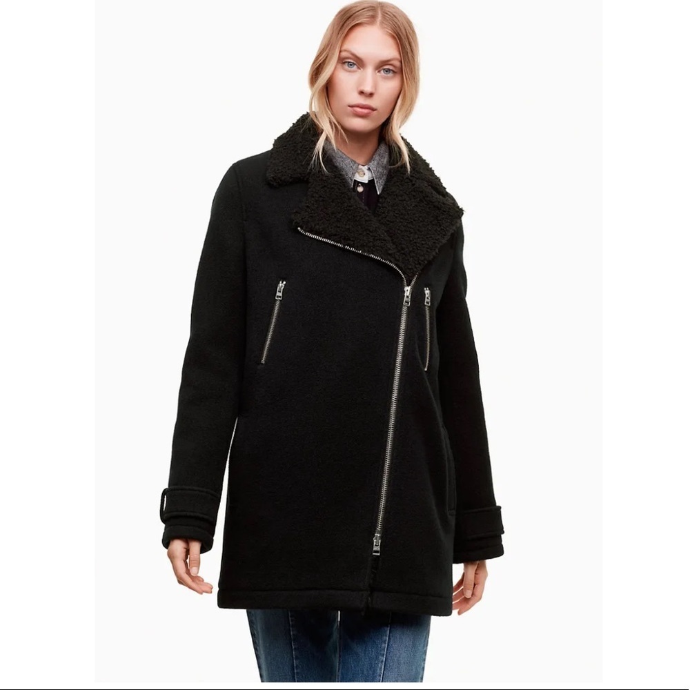 ARITZIA WILFRED Sherpa wool Waterhouse coat Large black Teddy moto jacket